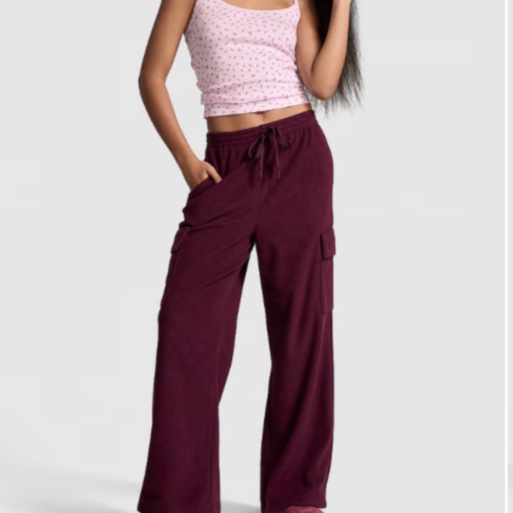 PINK MICRO FLEECE WIDE-LEG CARGO PANTS - S NWT